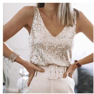 Sequined V Neck Tank Camisole Large Gold NWT